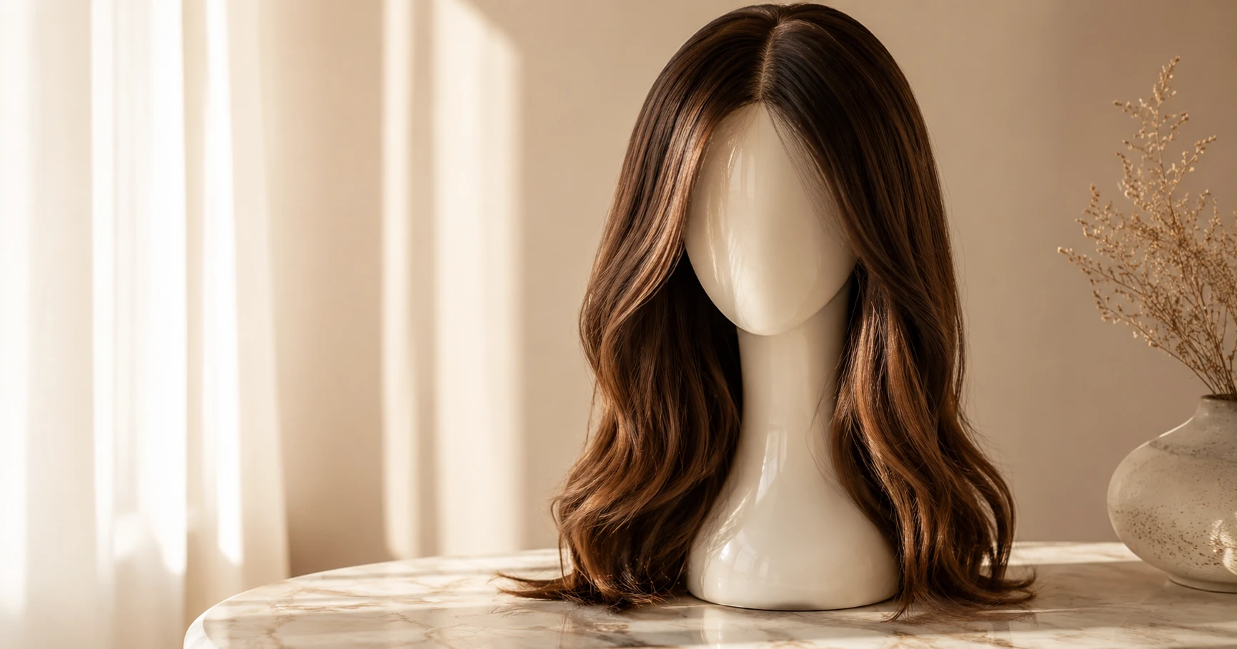 Human hair wig on wig stand showing natural scalp appearance and double-knot ventilation construction