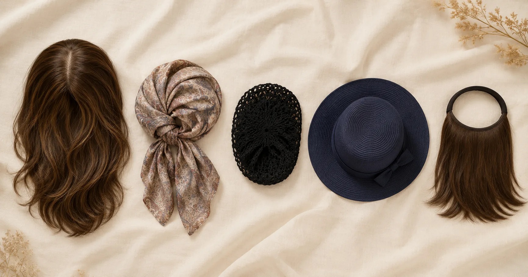 Collection of Jewish head coverings arranged together: sheitel wig, tichel scarf, snood, hat, and shpitzel on display