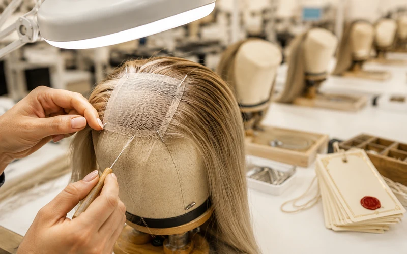 Kosher wig certification process showing rabbinical supervision at a Qingdao factory production line