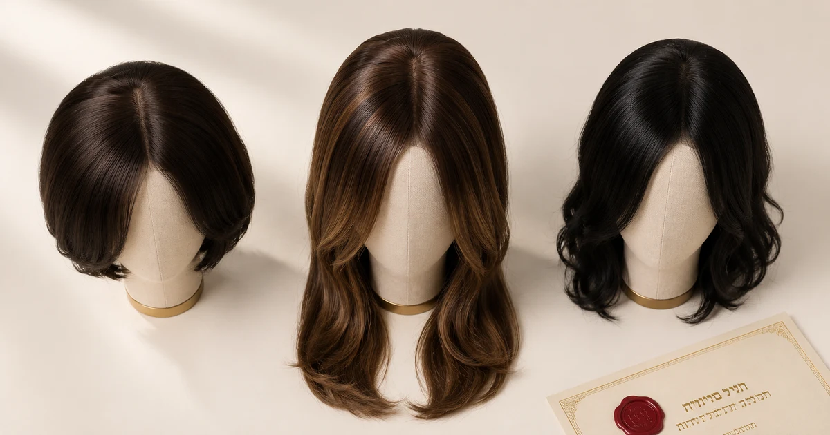 Collection of kosher wigs in silk top and lace top constructions arranged on styling stands with certification documents