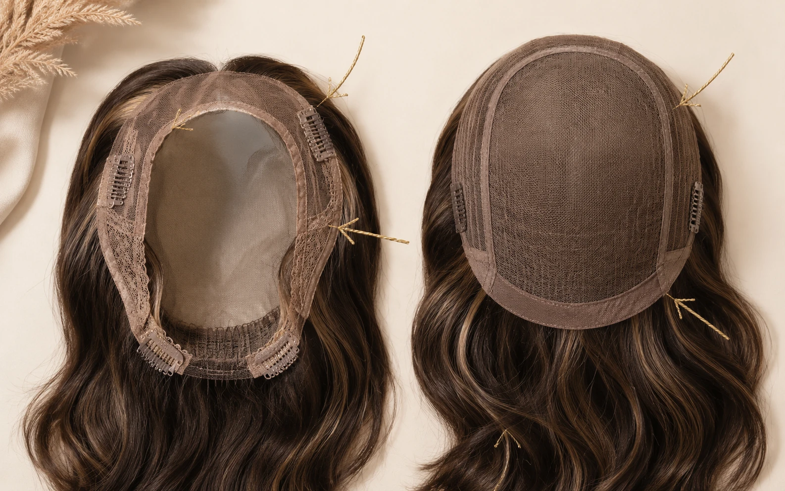 Overhead comparison of an open-front sheitel fall cap and a complete full-wig cap with attachment clips