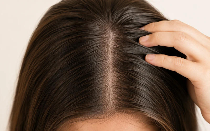 Close-up of a woman showing the natural-looking scalp parting on her silk top sheitel wig with no visible knots