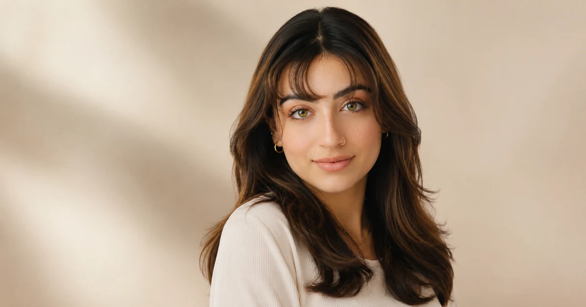 Beautiful woman wearing a natural-looking sheitel wig with long layered brown hair, soft studio lighting, warm cream background