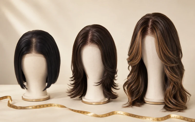 Three sheitel tiers displayed side by side on cream styling heads showing quality progression from basic to premium