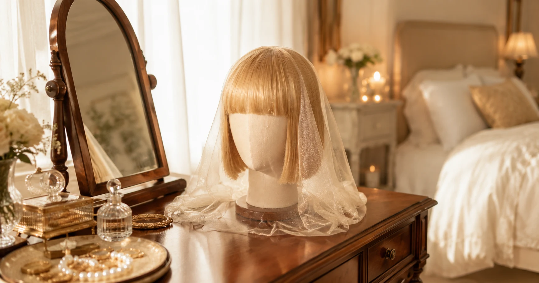 Sheitel wig displayed on a canvas mannequin head with silk scarf cover in a climate-controlled storage setup
