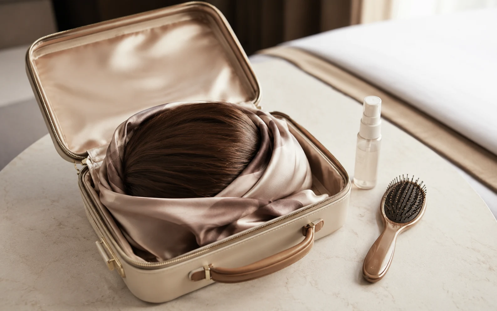 Sheitel wig packed in a satin-lined hard travel case with proper ear-to-ear folding technique for lace front protection