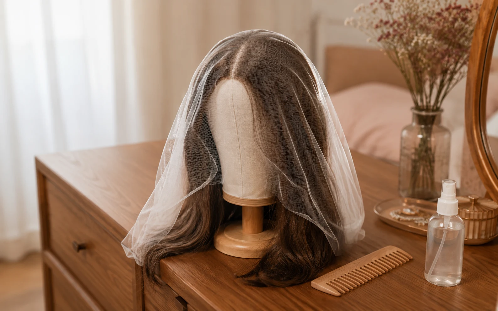 Sheitel on a canvas wig stand with silk hair net cover in a bedroom storage setup away from sunlight