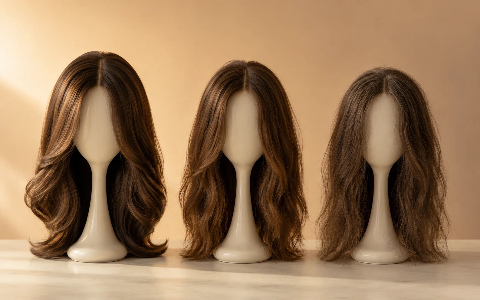 Three human hair sheitels showing new, moderately worn, and heavily worn hair condition