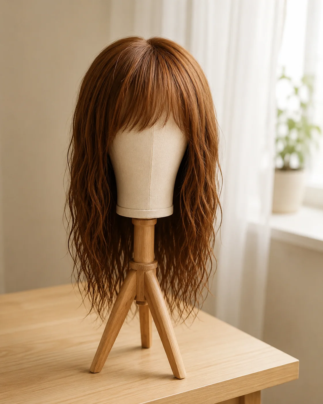 European hair sheitel air drying on a canvas block head wig stand at room temperature, demonstrating proper 24 to 36 hour drying technique