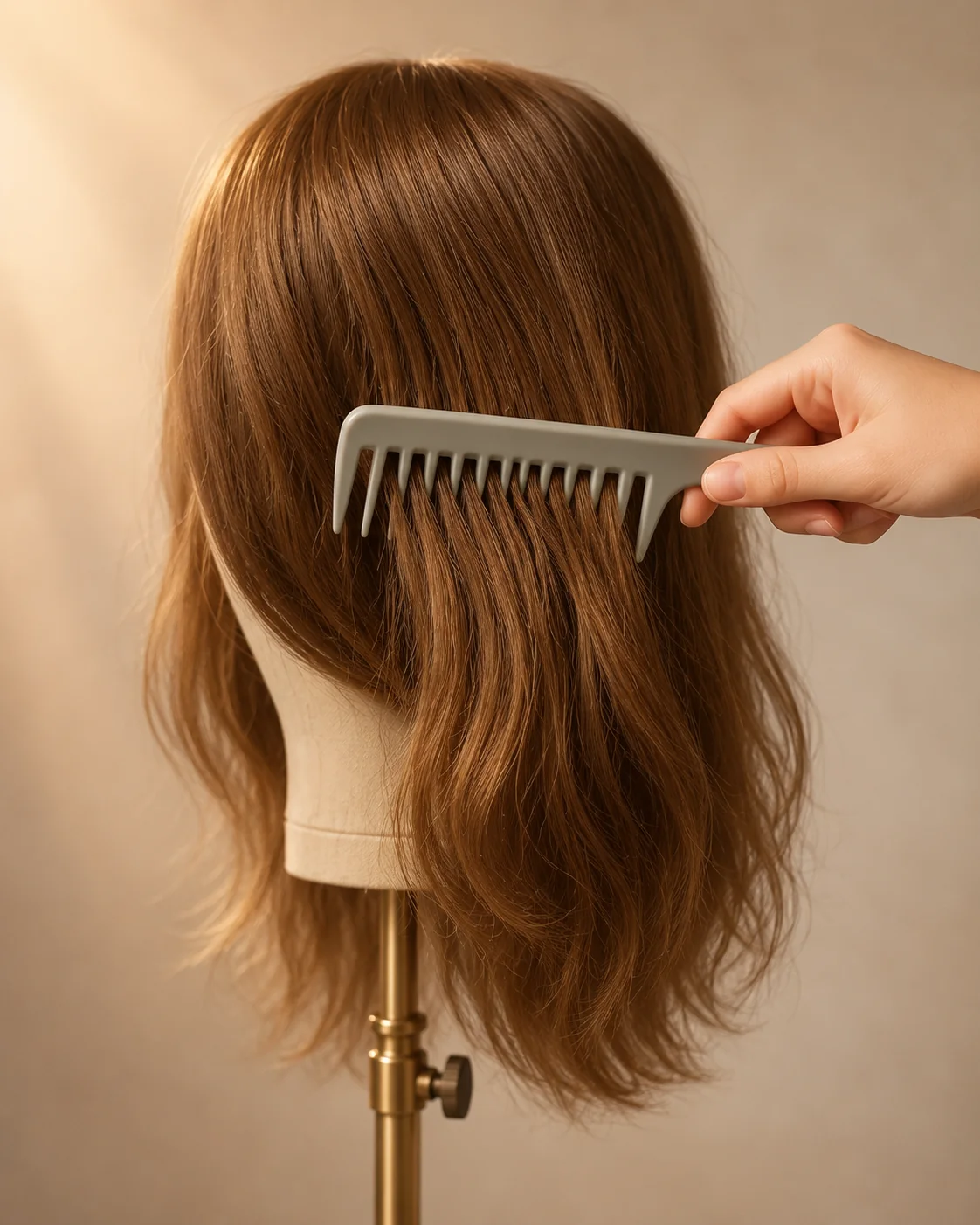 Wide-tooth comb being used to gently detangle a European hair wig from ends to roots, showing proper daily brushing technique on a wig stand