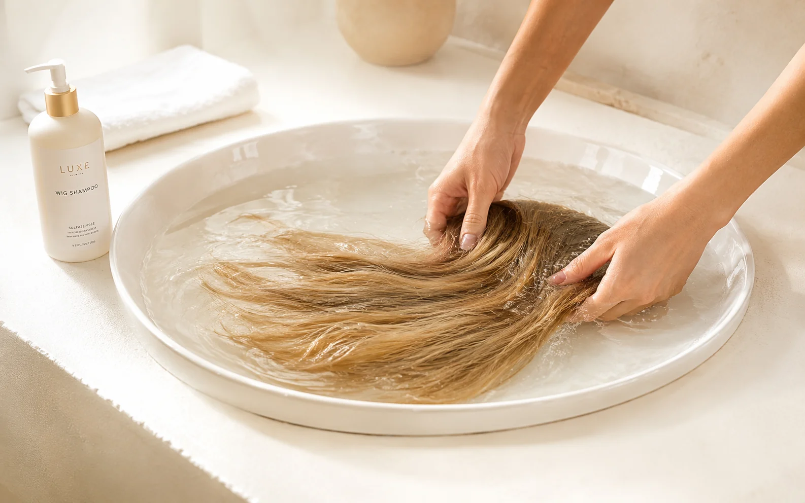 Professional artisan hands gently washing a European hair sheitel in lukewarm water with sulfate-free shampoo, demonstrating correct downward motion technique
