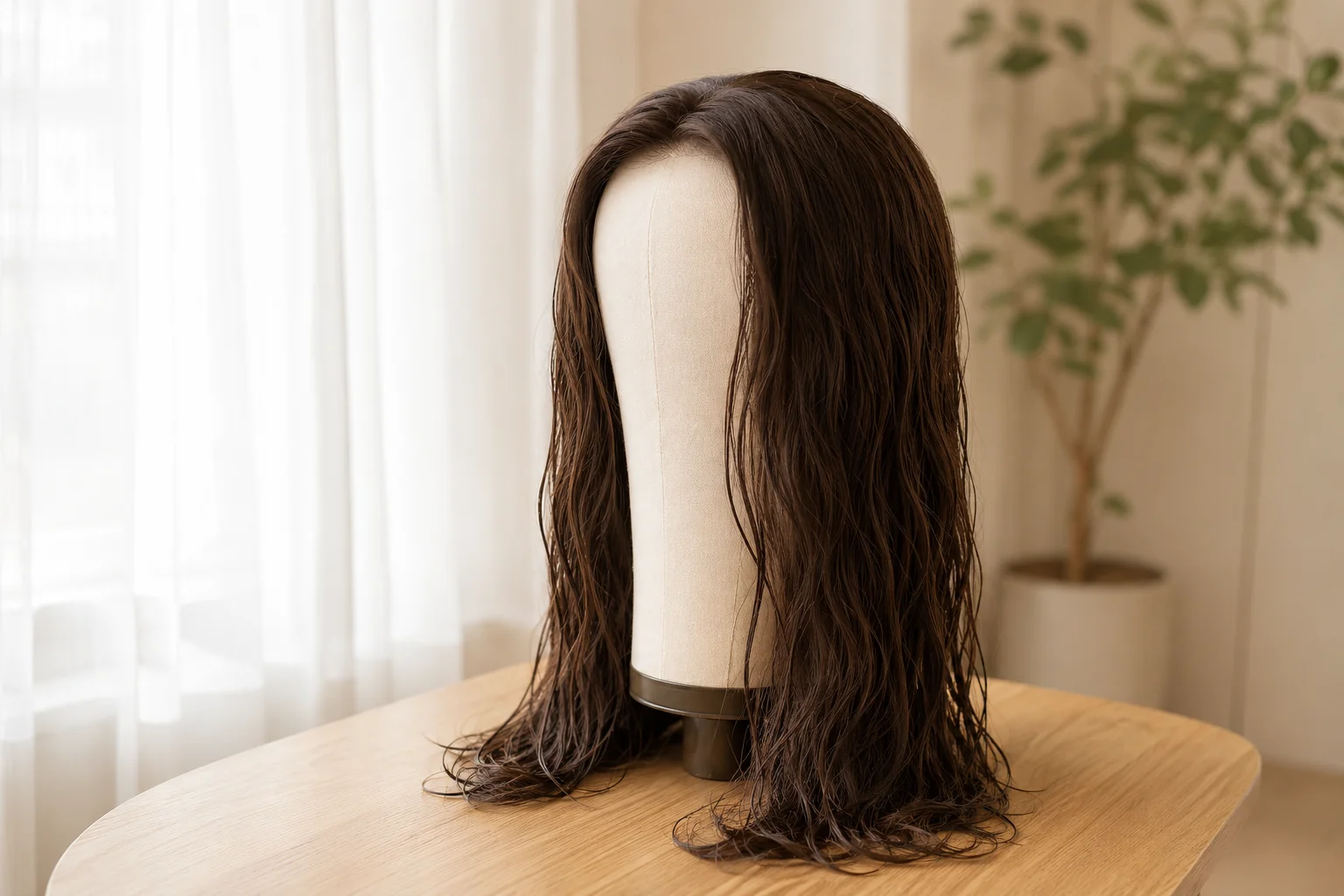 European hair sheitel drying on a professional wig stand at room temperature, demonstrating proper air drying technique away from direct sunlight