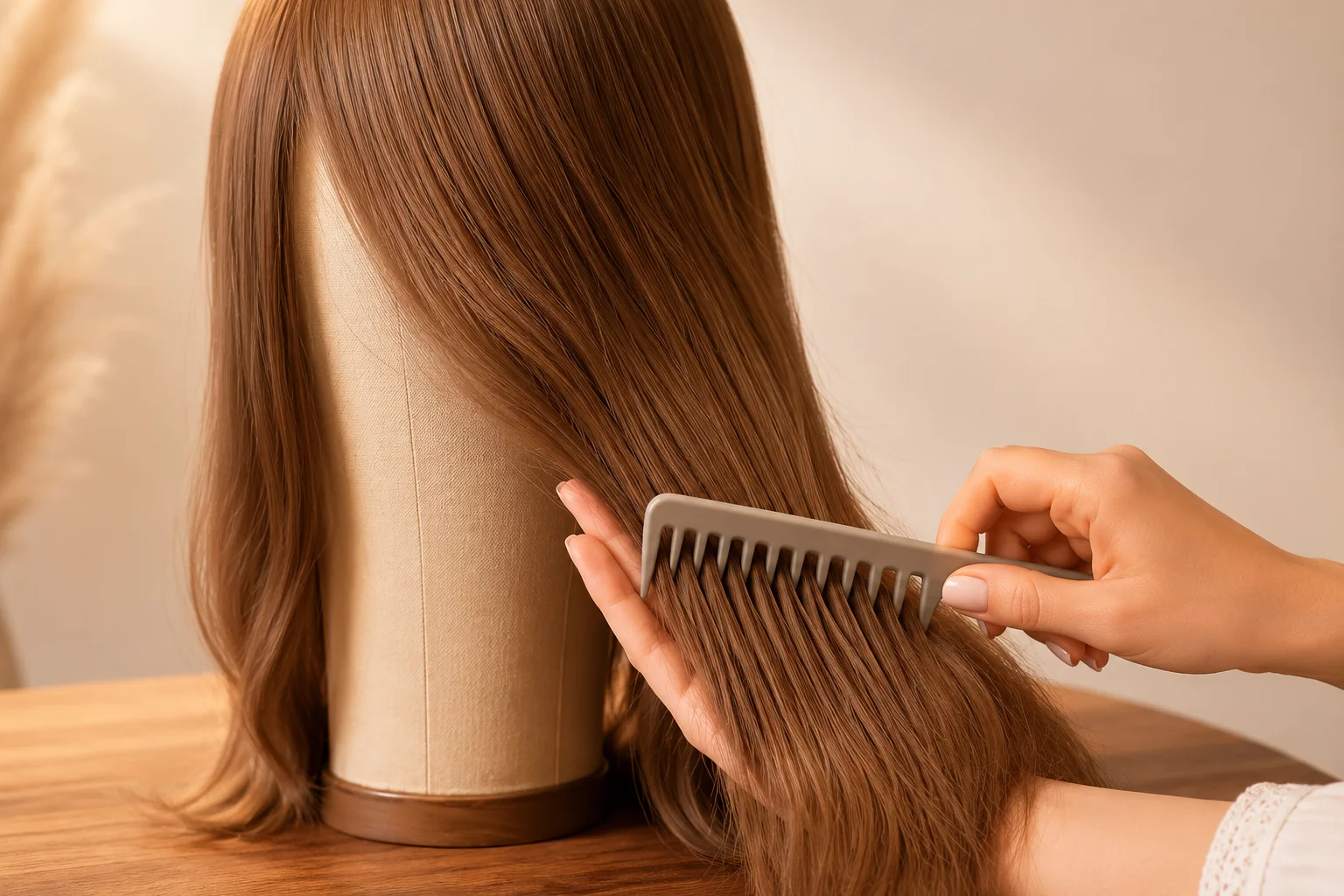 Person gently detangling European hair sheitel with wide-tooth comb starting from the ends, demonstrating proper daily brushing technique