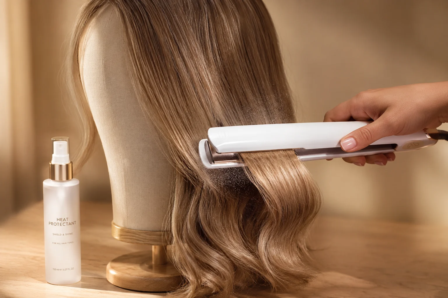 Professional heat styling of European hair sheitel with ceramic flat iron, demonstrating safe temperature control and heat protectant application