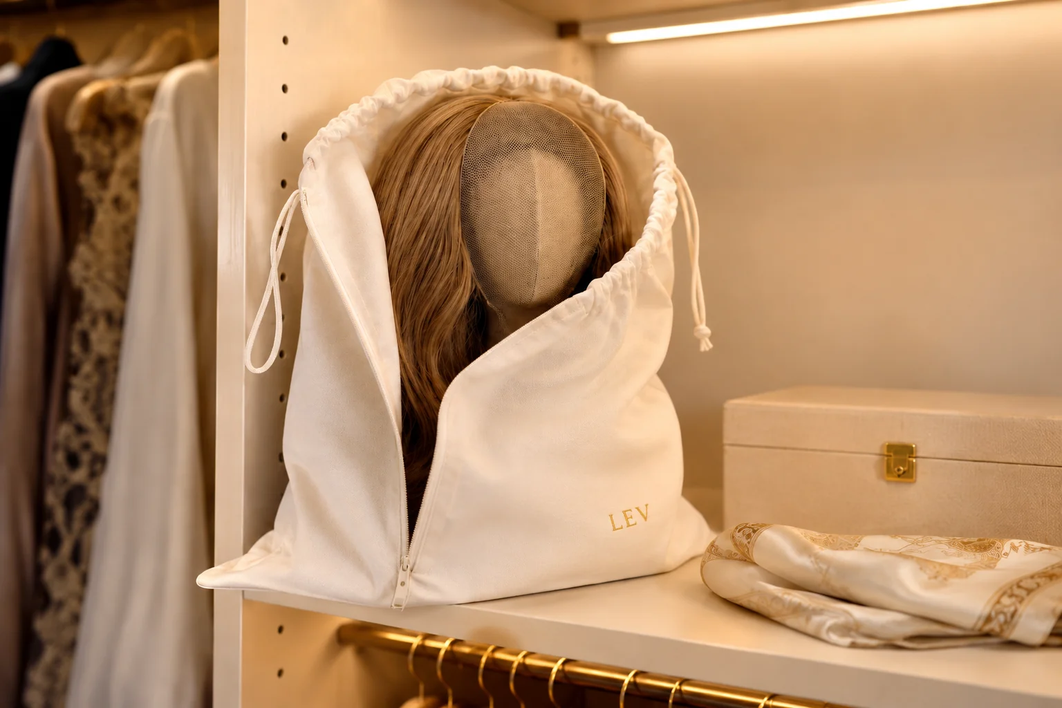 European hair sheitel properly stored on a wig stand with hair net cover inside a breathable cotton storage bag, demonstrating correct storage technique