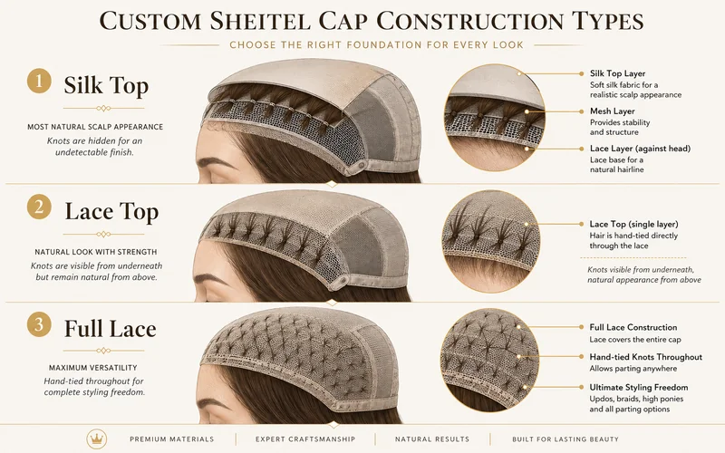 Technical cross-section diagram comparing silk top three-layer, lace top single-layer, and full lace cap constructions for custom sheitels showing hair knot placement and layer materials