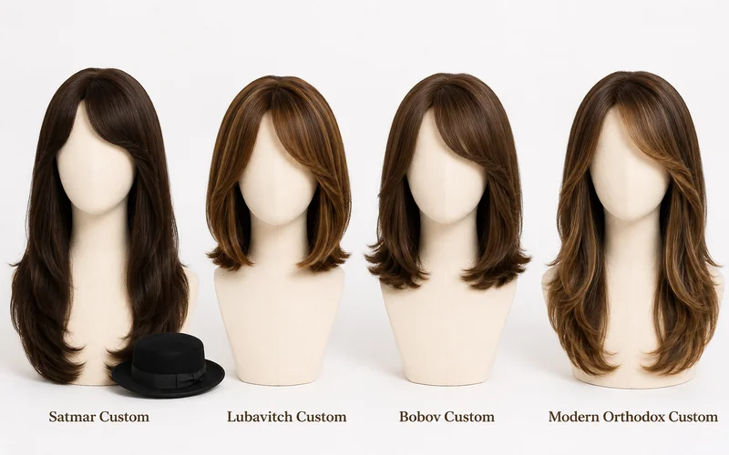Side-by-side comparison of four custom sheitel variations for Satmar, Lubavitch, Bobov, and Modern Orthodox communities showing differences in length, color, density, and styling specifications