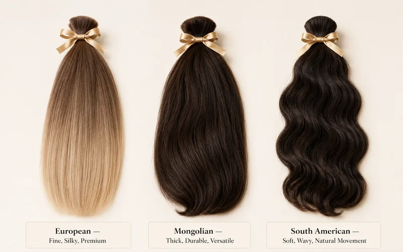 Three hair origin samples side by side comparing European fine silky hair, Mongolian thick durable hair, and South American soft wavy hair for custom Jewish wig ordering
