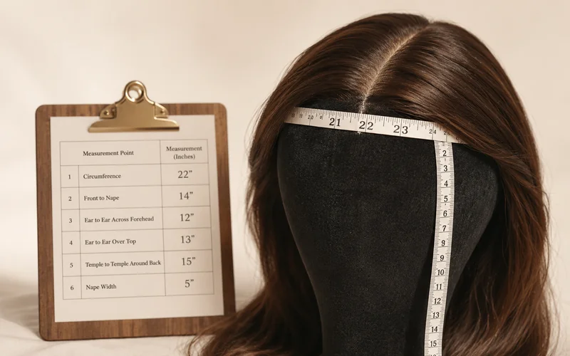 Professional wig maker taking precise head measurements on a mannequin head with flexible measuring tape, clipboard showing six standard measurement values filled in for custom sheitel ordering