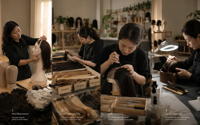 Custom sheitel production showing ventilation, cap construction, and quality inspection stages in Qingdao workshop