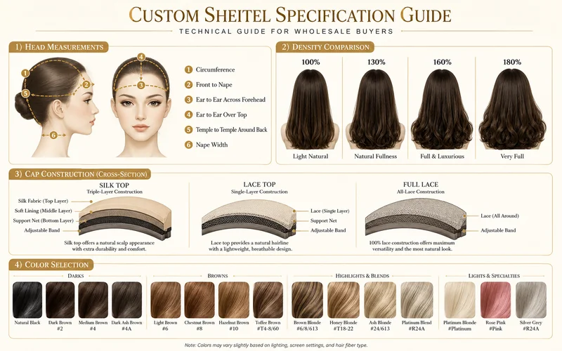 Custom sheitel specifications chart showing measurement points, density options, and cap construction types