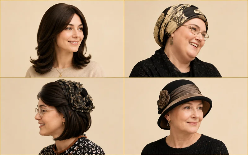 Orthodox Jewish women demonstrating different hair covering methods: sheitel wig, tichel headscarf, snood, and hat
