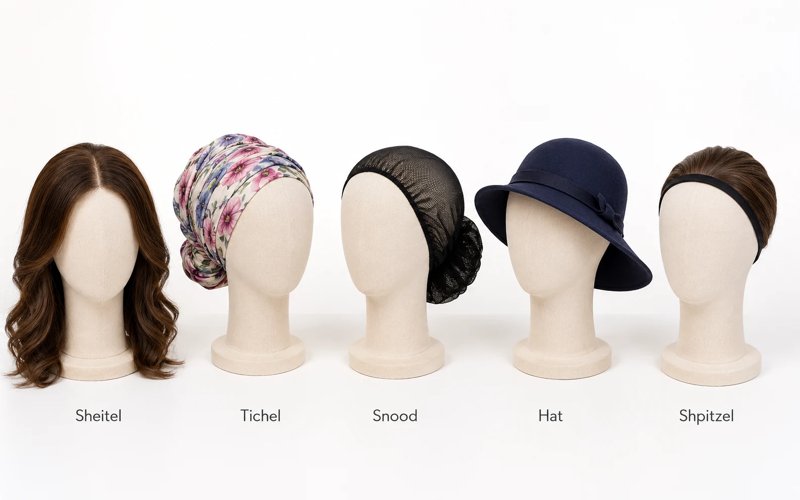 Five types of Jewish head coverings displayed: sheitel wig, tichel scarf wrapped in turban style, snood hat, wide-brim hat, and shpitzel headband
