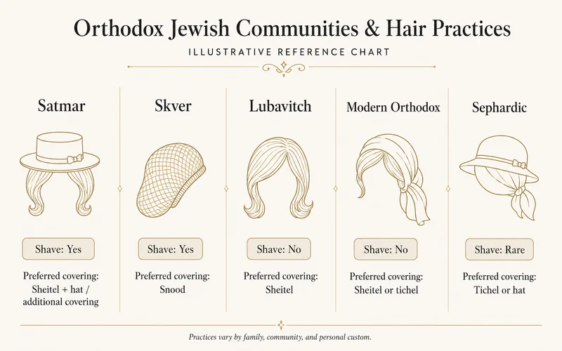 Chart showing Orthodox Jewish hair covering practices across different communities, illustrating diversity of customs