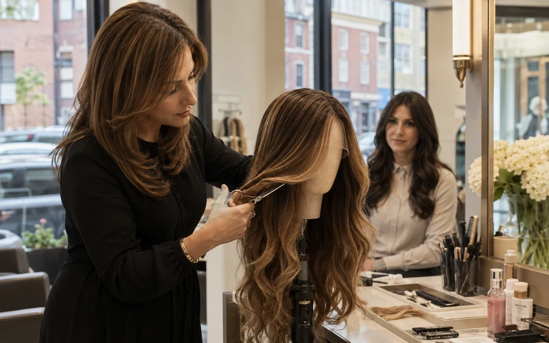 Sheitel macher styling a custom wig with face-framing layers and natural balayage highlights