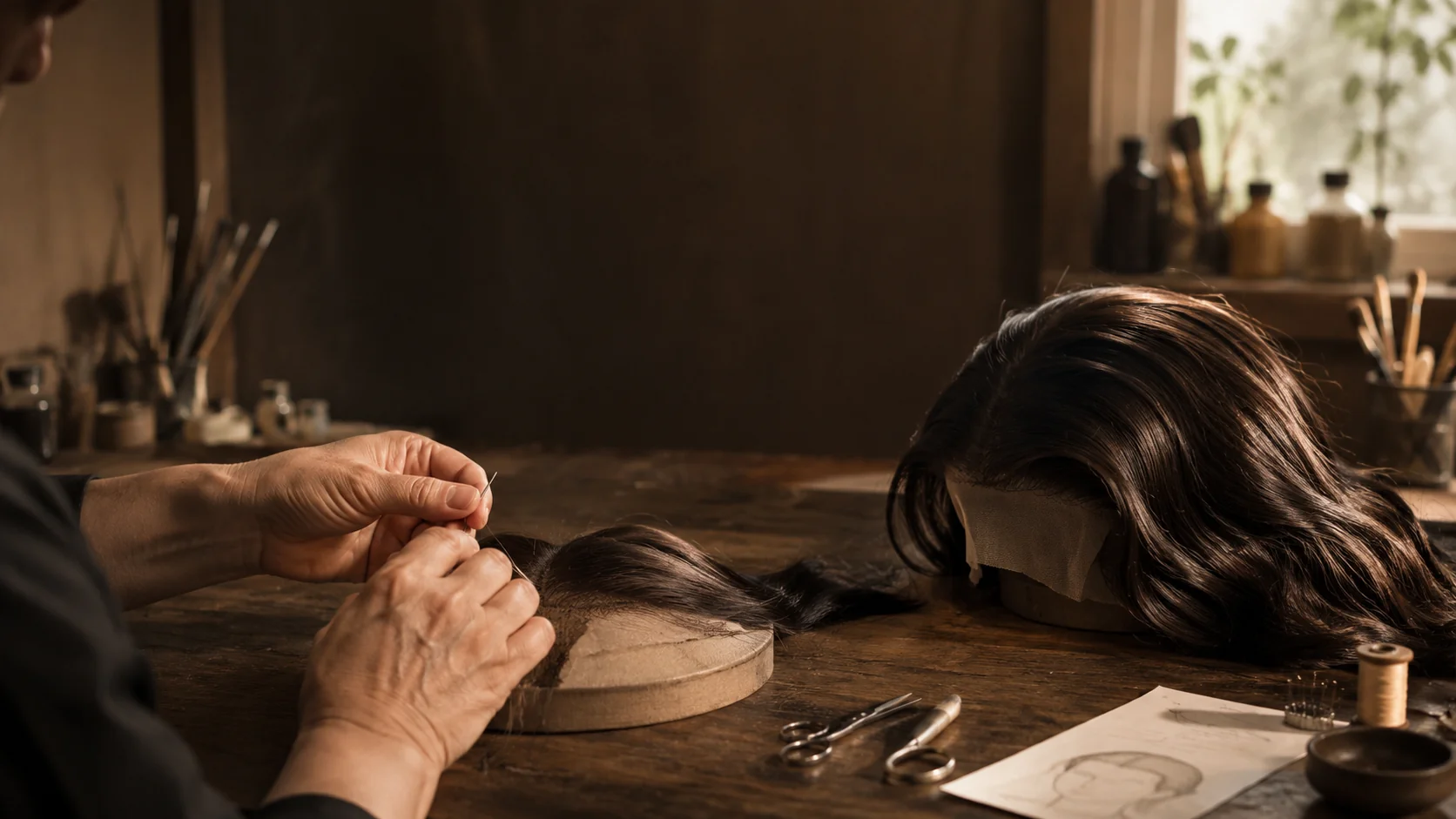 LEV artisan preparing a bespoke kosher sheitel commission in a quiet atelier setting