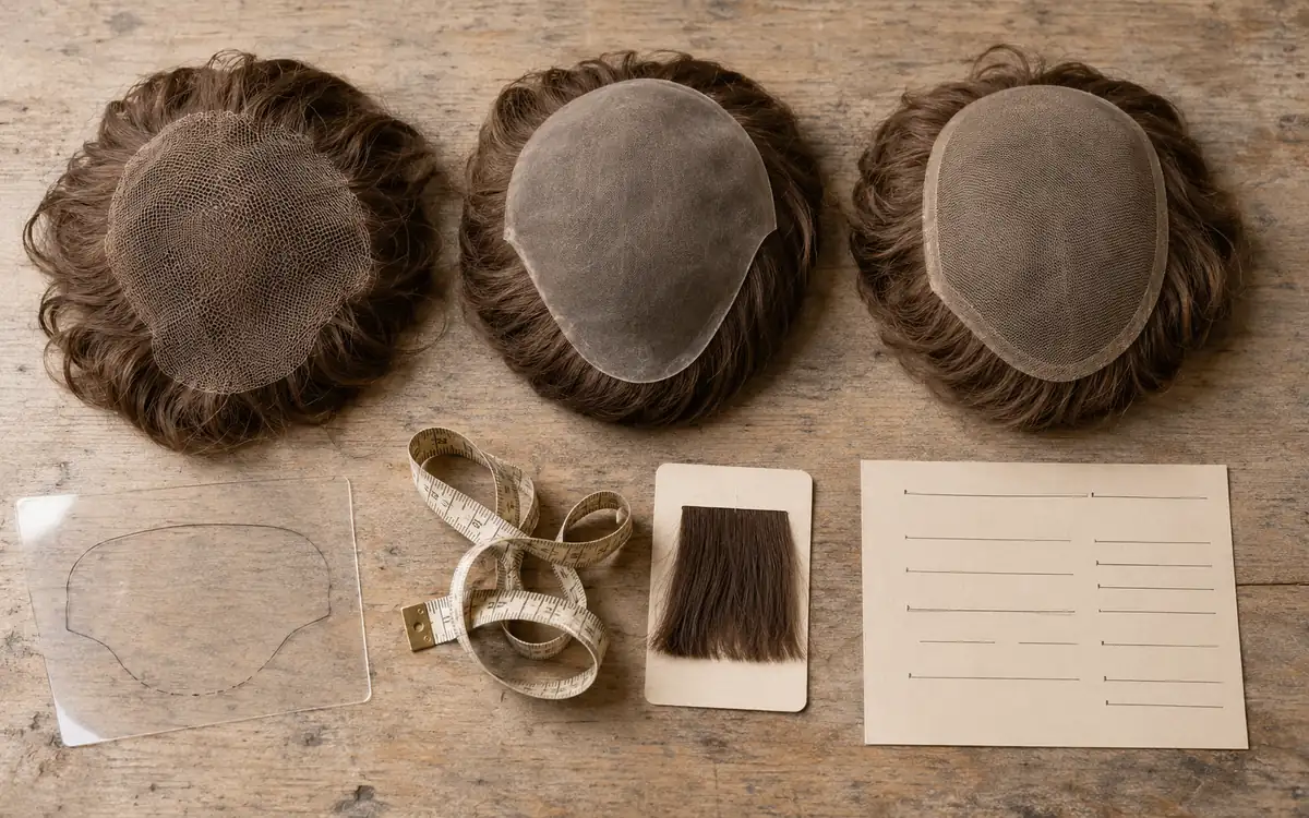 Hair system consultation layout with samples, template, and measuring tools