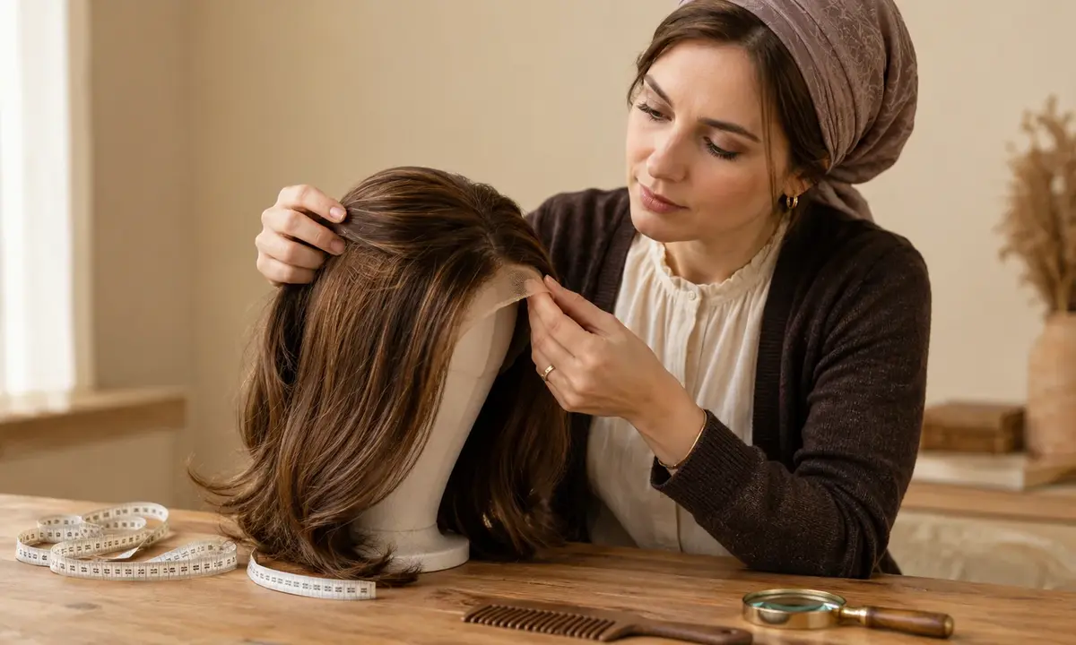 Orthodox Jewish wig buyer reviewing sheitel options with a selection guide covering cap construction and hair origin