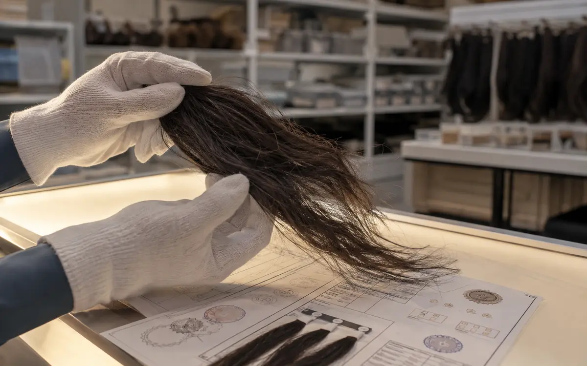 Rabbinic supervisor inspecting hair origin documentation at a kosher wig factory production line in Qingdao