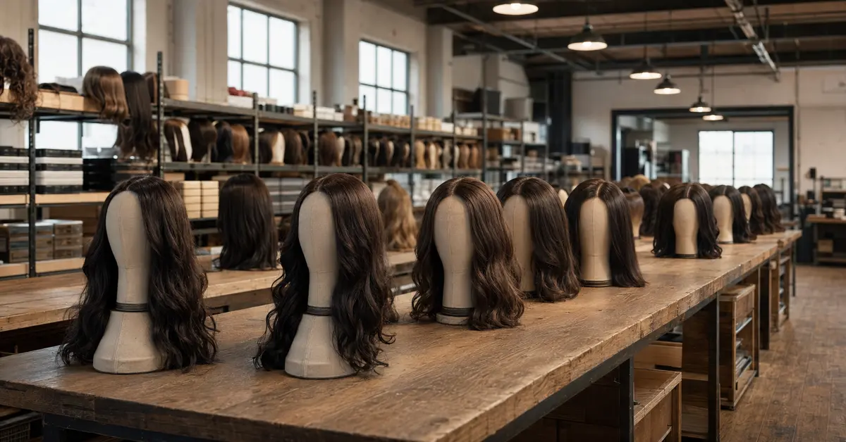 Rows of hand-tied kosher wigs on wig stands in a Qingdao factory workshop ready for wholesale shipping