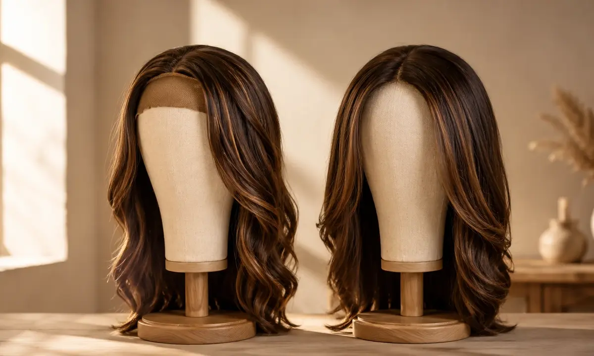 Side-by-side comparison of sheitel fall and full wig construction and coverage