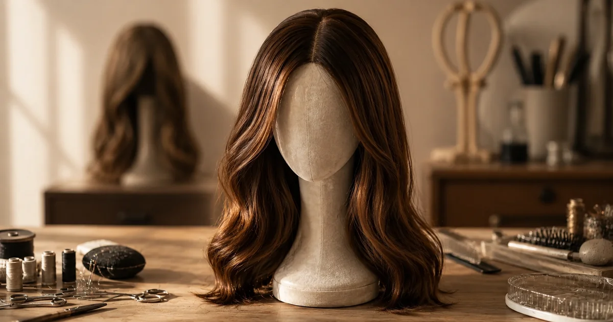 Human hair sheitel on a workshop stand being inspected for lace damage and bald spots before repair
