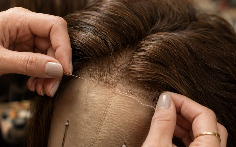 Technician stitching a lace patch onto a torn sheitel front using a fine needle and clear adhesive