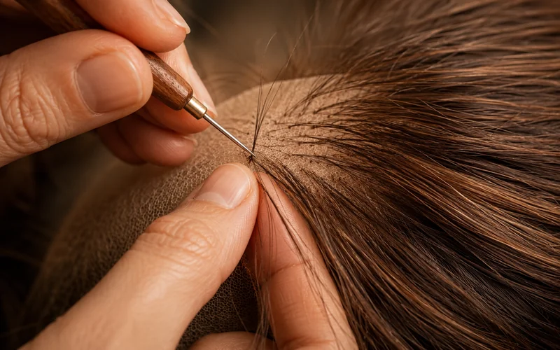 Close-up of a wooden ventilating hook needle knotting new human hair into a bald spot on sheitel lace