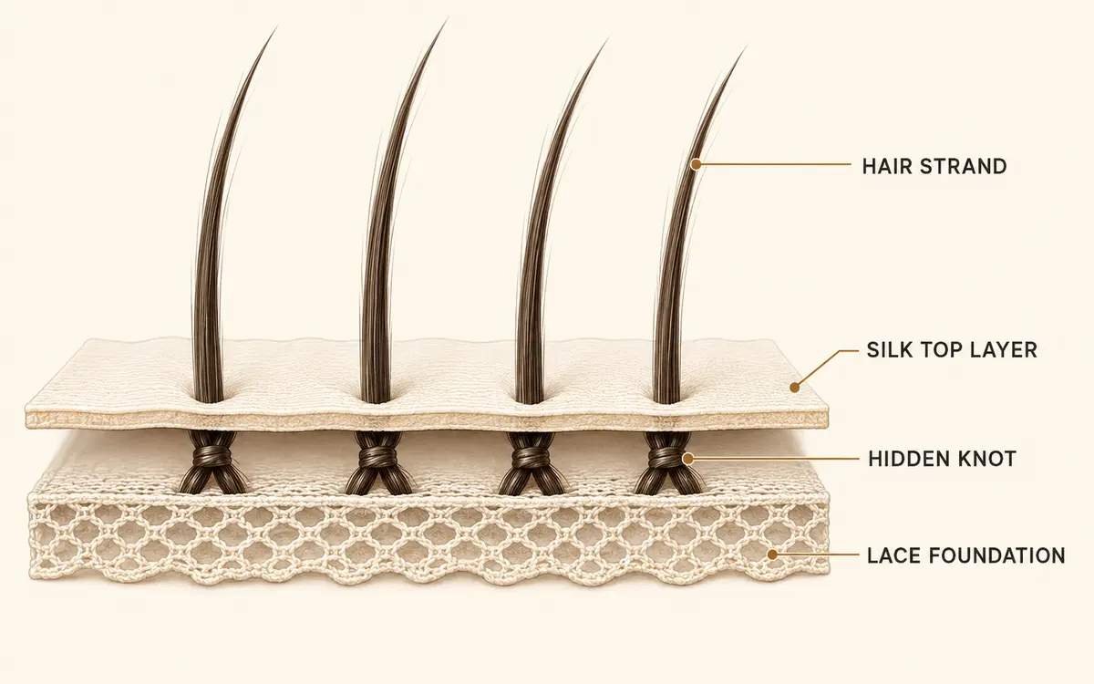 Diagram of silk top sheitel double-layer construction showing hair strands knotted between two fabric layers with no visible knots on the top surface