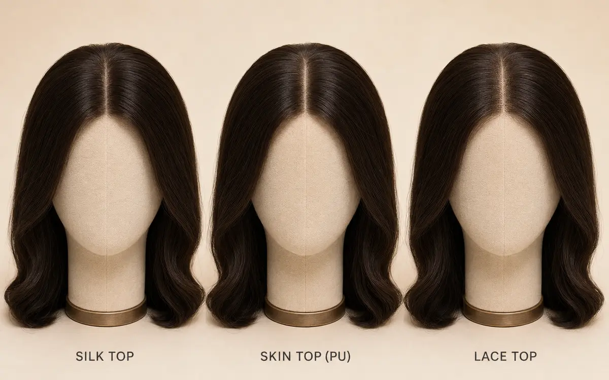 Three faceless velvet display heads comparing silk top, skin top, and lace top sheitel crown parting realism side by side