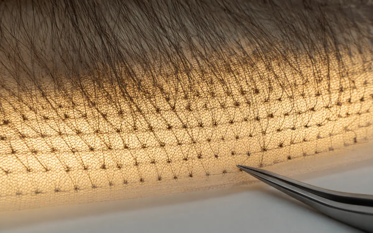Close-up inspection of kosher wig sample showing knot security hair alignment and color consistency on a professional light table