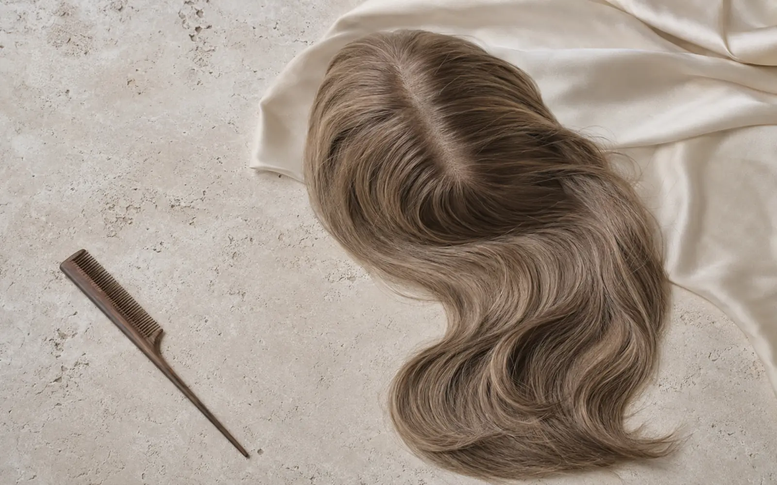 LEV silk top sheitel flat lay showing a realistic scalp-effect parting and concealed hand-tied knots