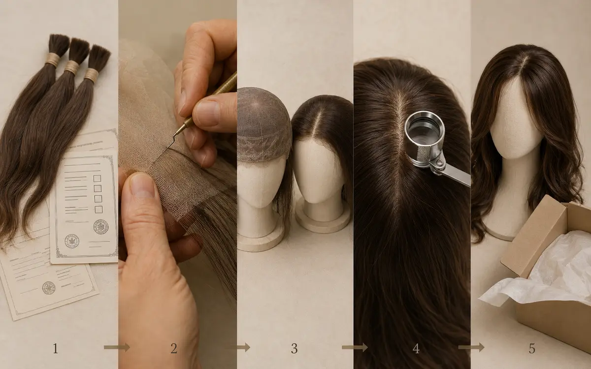 Hasidic sheitel manufacturing process showing hair sourcing, ventilation, community-specific specifications, and quality inspection steps