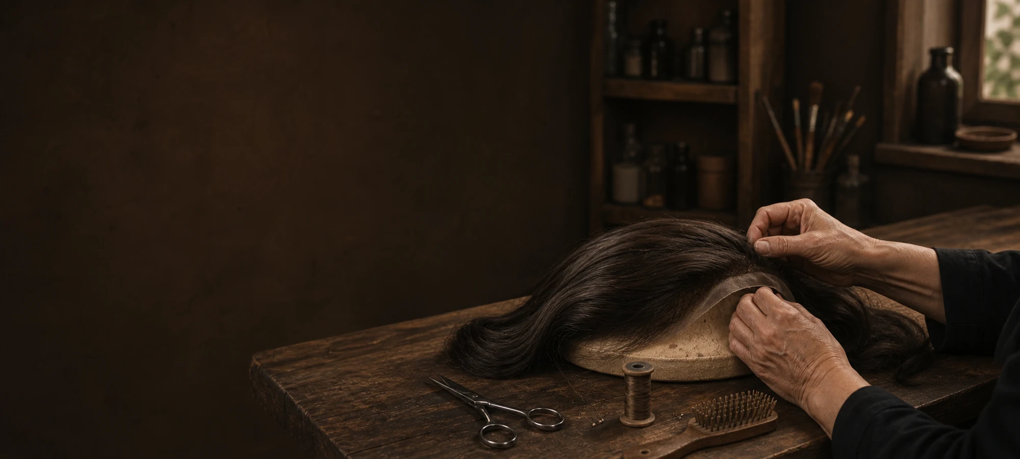 LEV artisan hand-finishing a brunette sheitel at a wooden atelier workbench