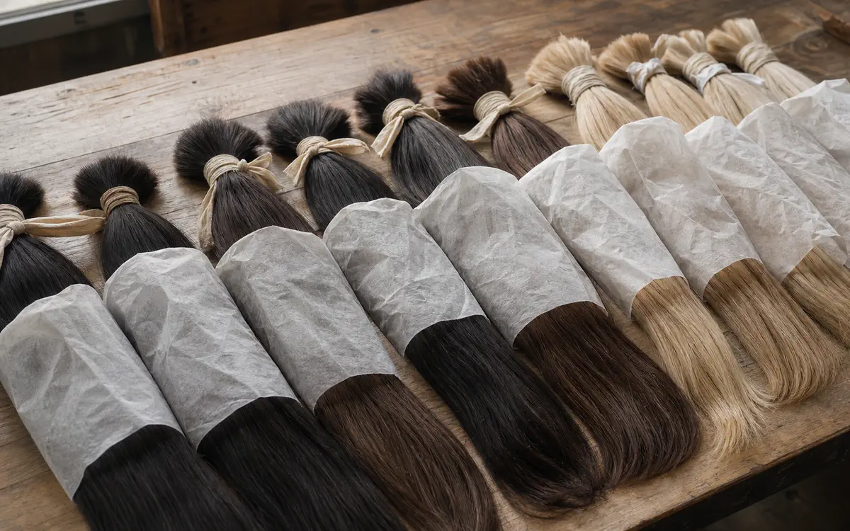 Bundles of cuticle-aligned human hair sorted by origin for jewish female wig manufacturing