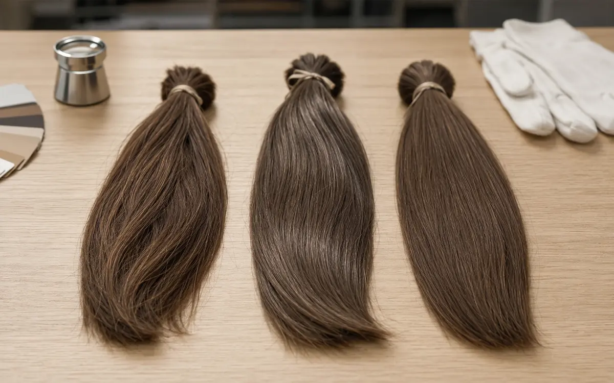 Three bundles of donor hair on a factory inspection table showing the difference between European virgin, Russian, and cuticle-aligned Remy hair before sheitel production
