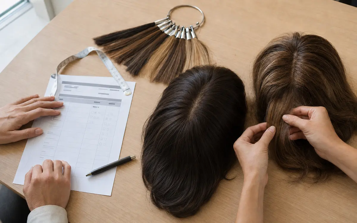 A wholesale buyer reviewing sheitel samples with a spec sheet on a factory meeting table, showing cap construction and color swatches during the evaluation stage
