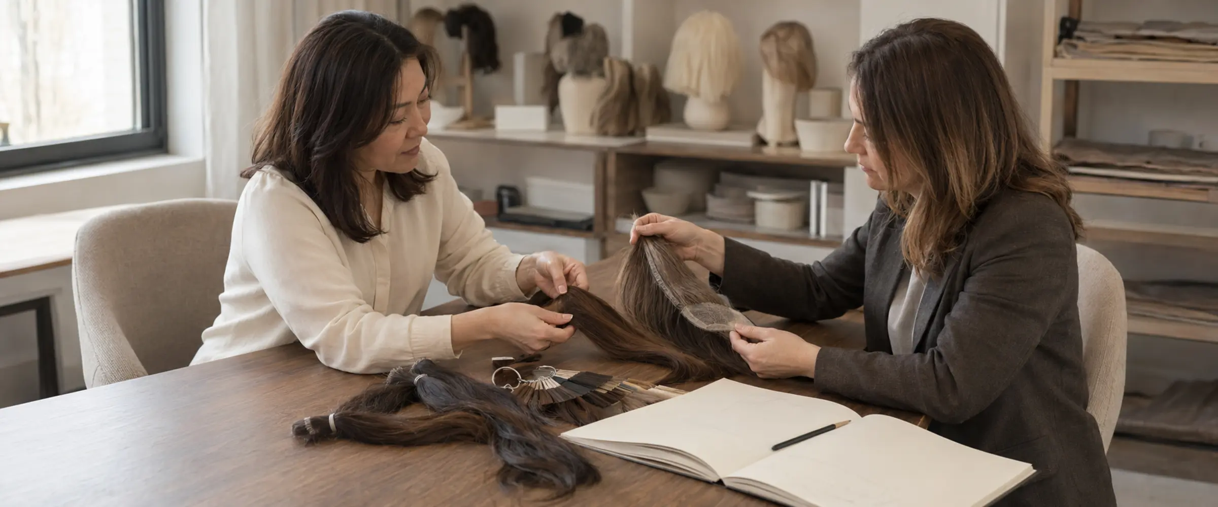 LEV advisor and boutique partner reviewing human hair samples and construction specifications at an atelier worktable
