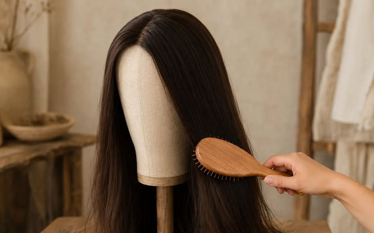 A matted sheitel being gently detangled with a paddle brush working from the ends upward on a canvas stand