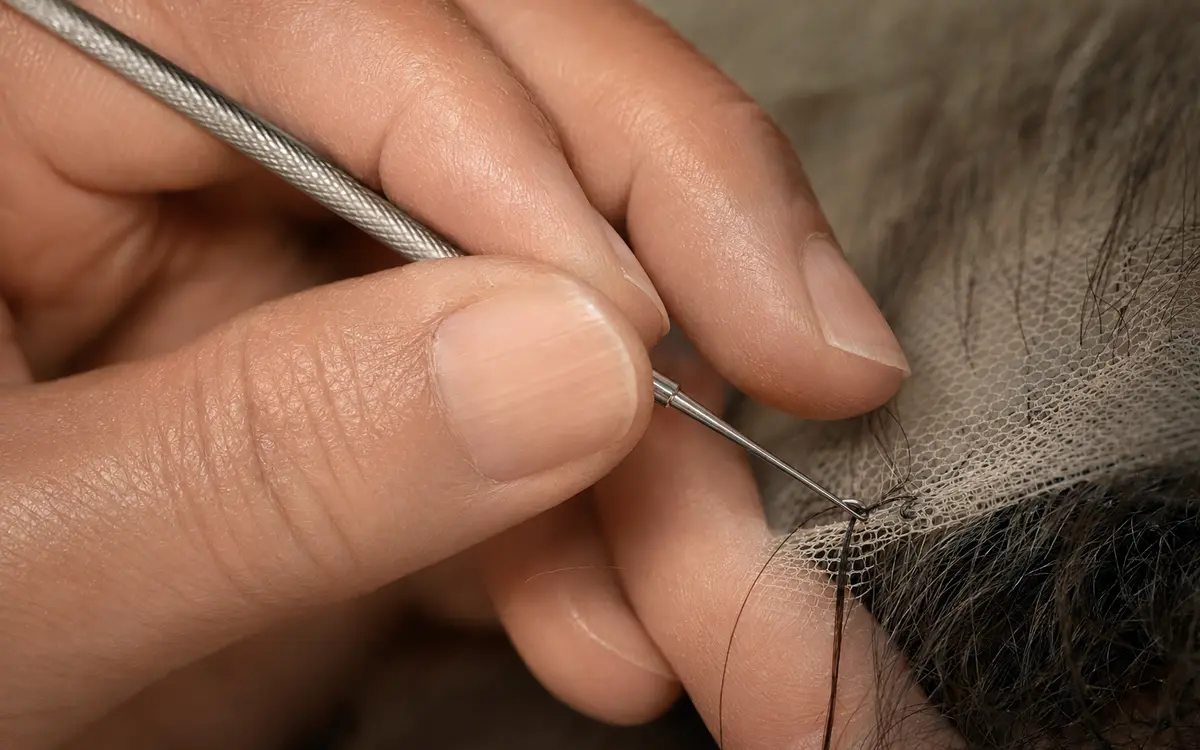 Close-up of a craftsperson hand using a ventilating hook to hand-tie a single hair strand through lace mesh to repair a bald spot on a sheitel